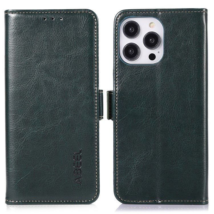 ABEEL For iPhone 16 Pro Case Wallet PU Leather Crazy Horse Texture Phone Cover - Green