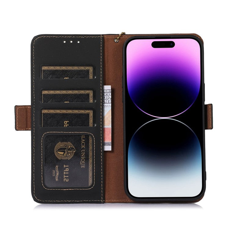 For iPhone 16 Pro Case RFID Blocking Genuine Cow Leather Wallet Phone Cover - Black