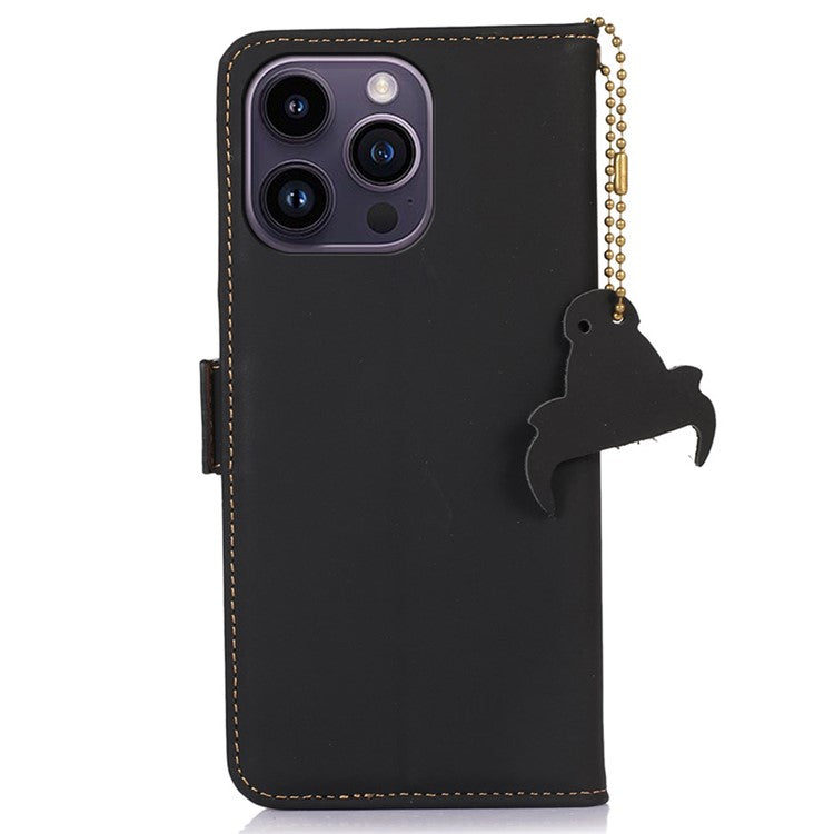 For iPhone 16 Pro Case RFID Blocking Genuine Cow Leather Wallet Phone Cover - Black
