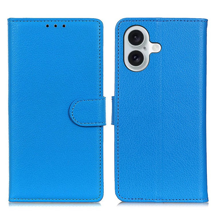 For iPhone 16 Case PU Leather Wallet Stand Litchi Texture Phone Cover - Blue