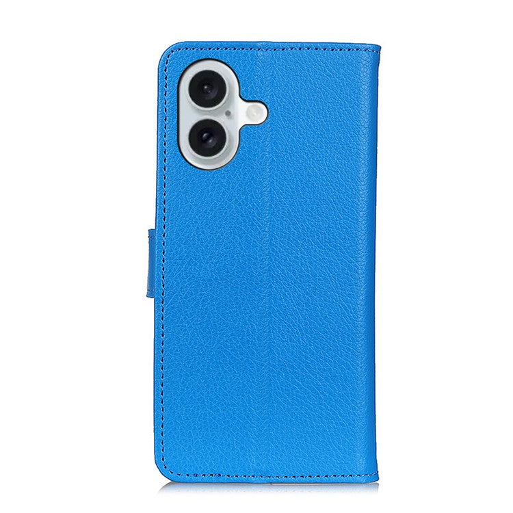 For iPhone 16 Case PU Leather Wallet Stand Litchi Texture Phone Cover - Blue