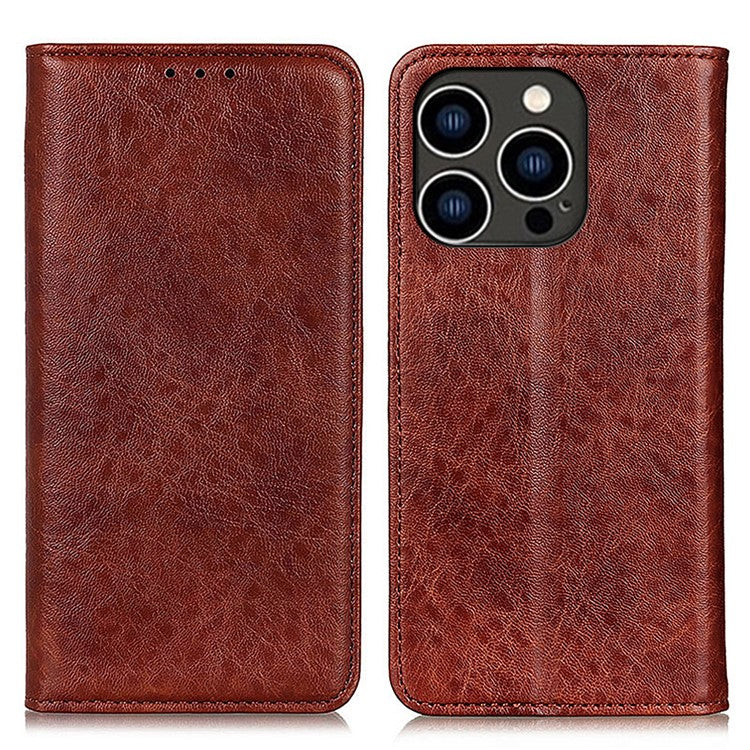 For iPhone 16 Pro Case Crazy Horse Texture Leather Cash Card Holder Purse Phone Cover - Brown