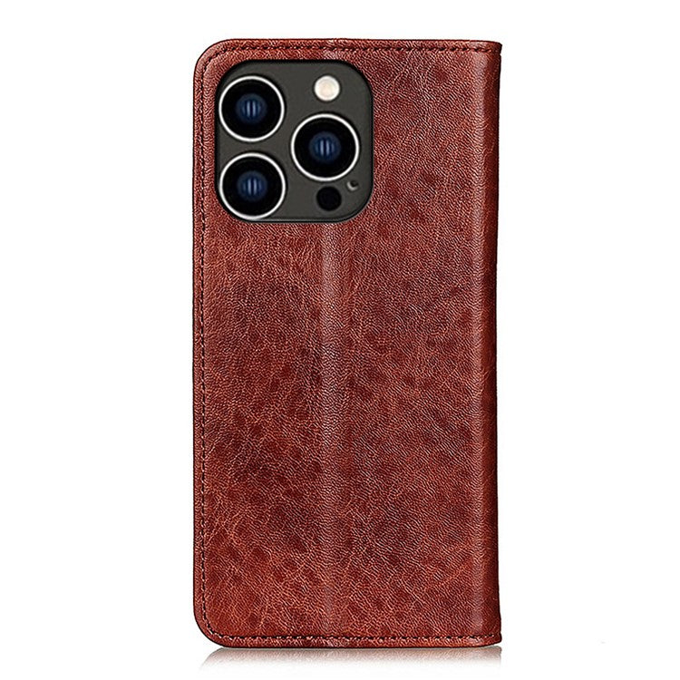 For iPhone 16 Pro Case Crazy Horse Texture Leather Cash Card Holder Purse Phone Cover - Brown