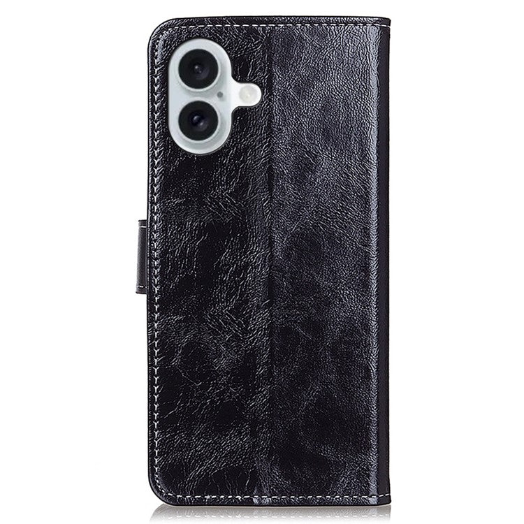 For iPhone 16 Case Retro Crazy Horse Texture Leather Purse Stand Phone Cover - Black