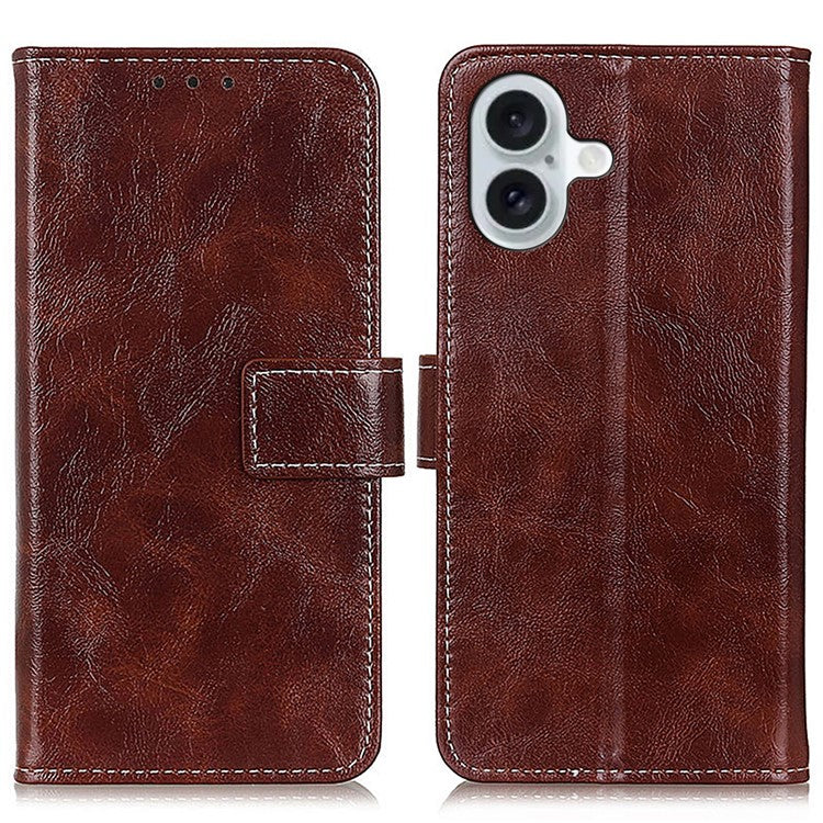 For iPhone 16 Case Retro Crazy Horse Texture Leather Purse Stand Phone Cover - Brown