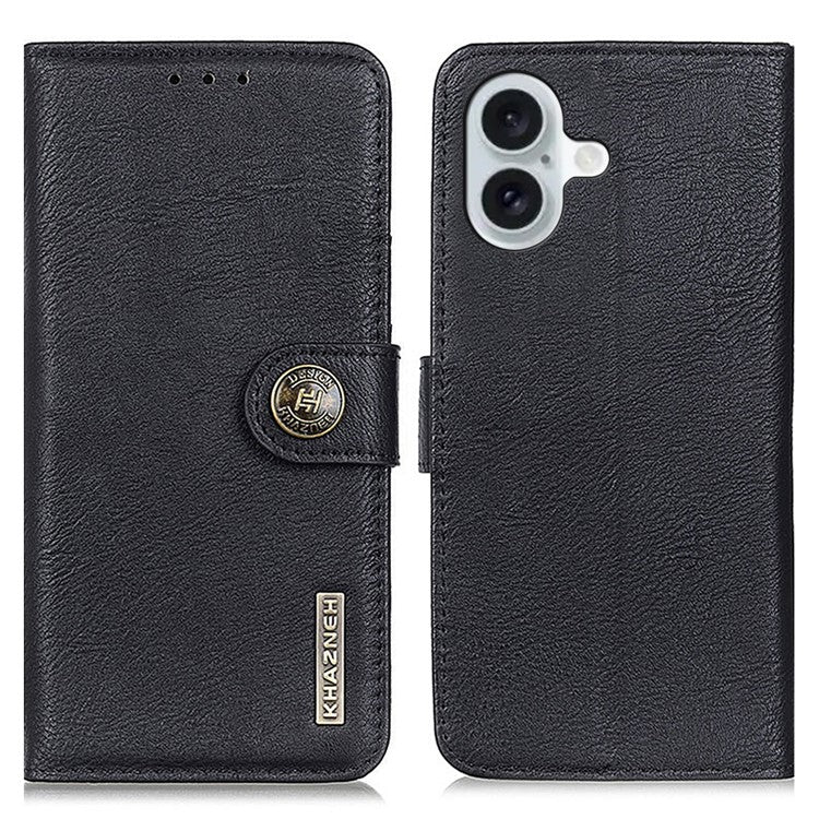 KHAZNEH For iPhone 16 Case Cowhide Texture Leather Phone Cover - Black