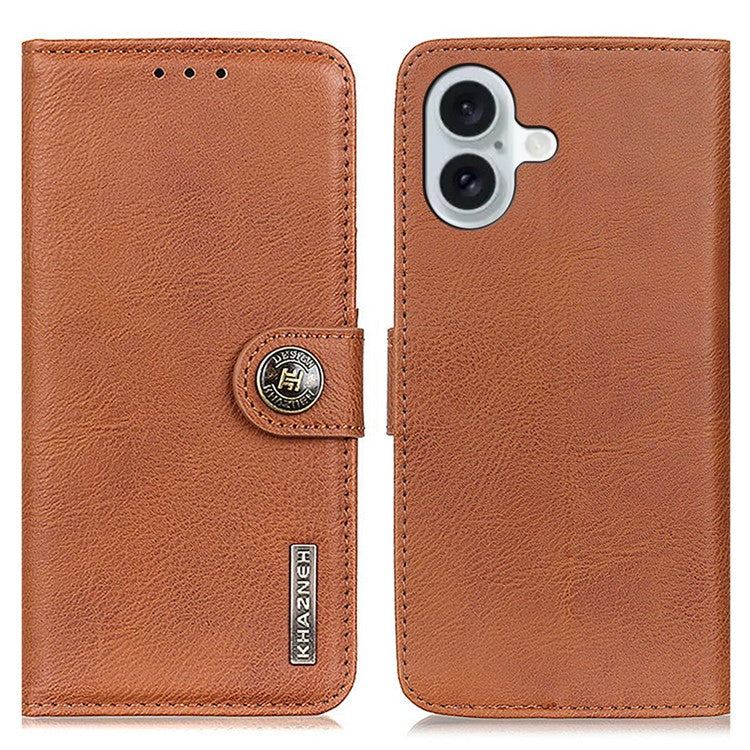 KHAZNEH For iPhone 16 Case Cowhide Texture Leather Phone Cover - Brown