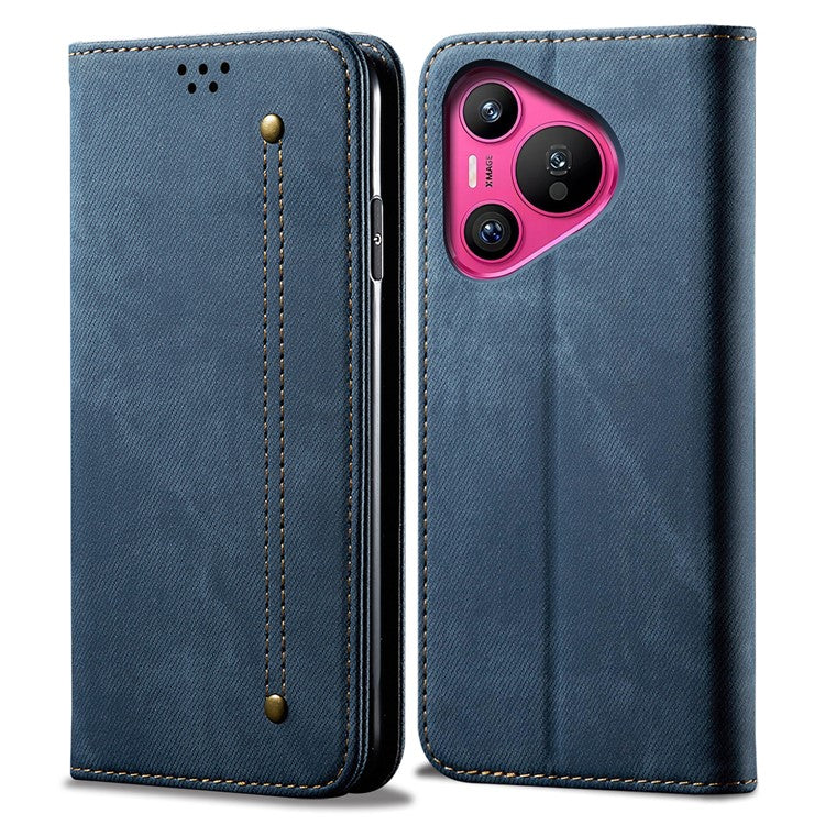 For Huawei Pura 70 Case Leather Wallet Phone Cover Jeans Cloth Texture - Blue