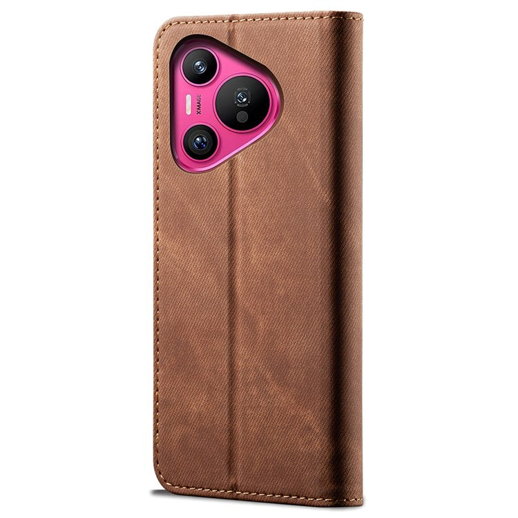 For Huawei Pura 70 Case Leather Wallet Phone Cover Jeans Cloth Texture - Coffee
