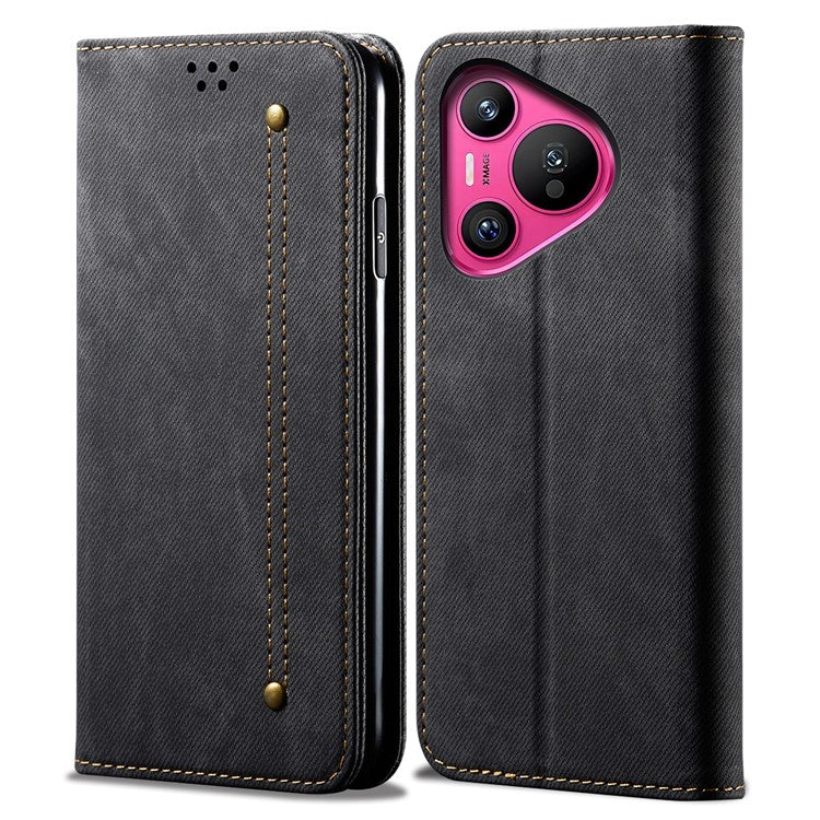 For Huawei Pura 70 Case Leather Wallet Phone Cover Jeans Cloth Texture - Black