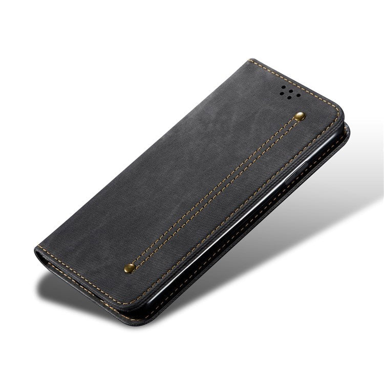 For Huawei nova 2i / Enjoy 70 Pro Leather Case Wallet Phone Cover Jeans Cloth Texture - Black