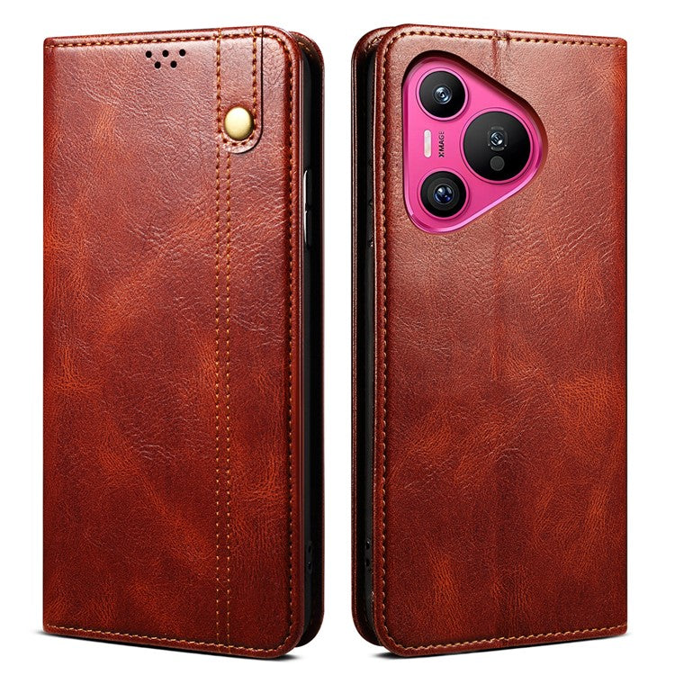 For Huawei Pura 70 Wallet Case Waxy Crazy Horse Texture Leather Stand Phone Cover - Brown