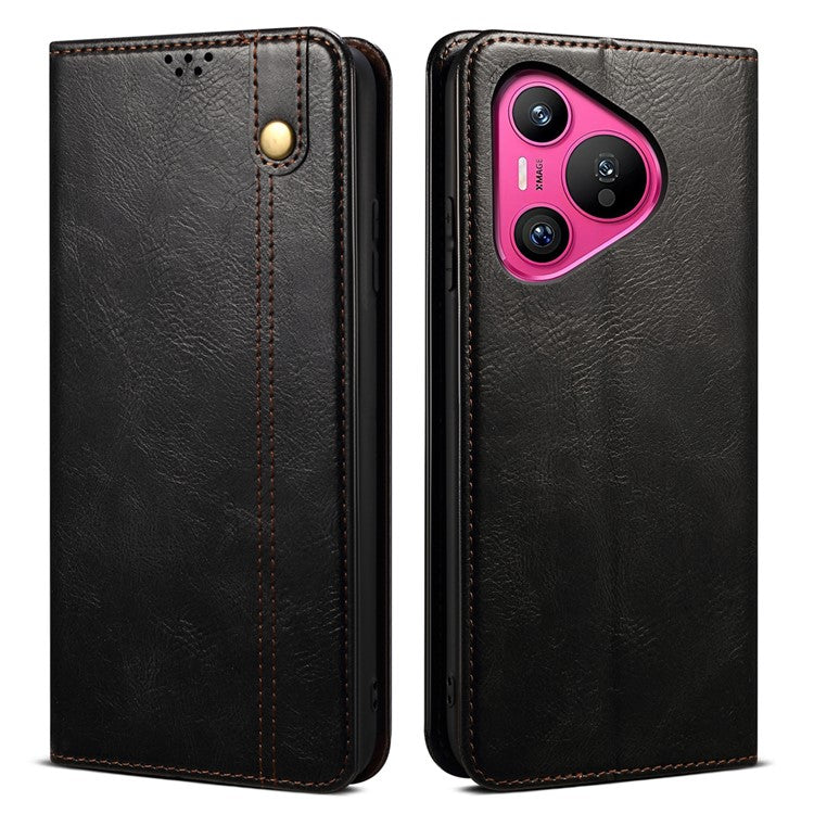 For Huawei Pura 70 Wallet Case Waxy Crazy Horse Texture Leather Stand Phone Cover - Black