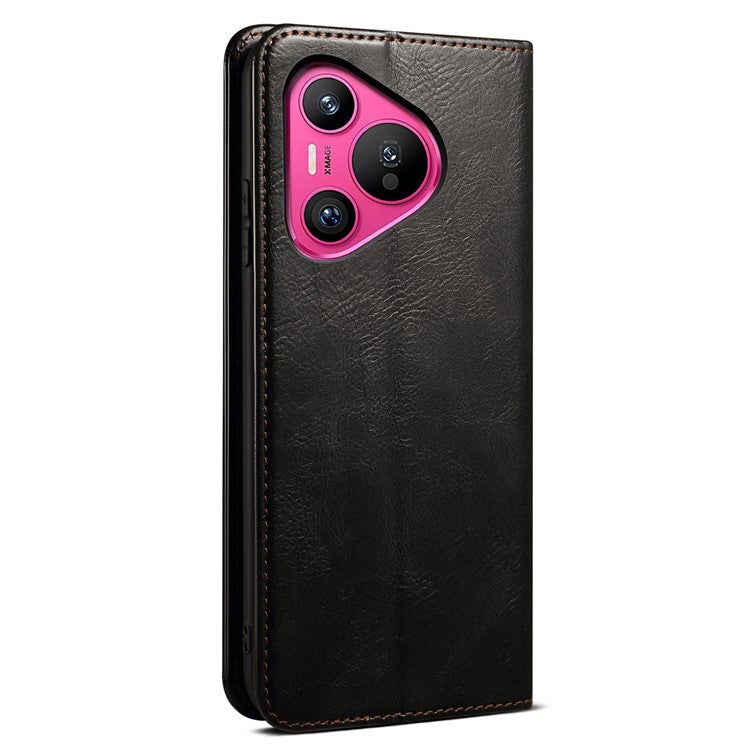 For Huawei Pura 70 Wallet Case Waxy Crazy Horse Texture Leather Stand Phone Cover - Black