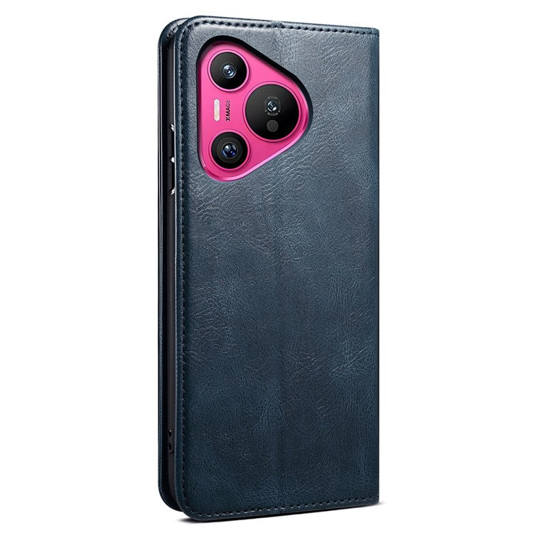 For Huawei Pura 70 Wallet Case Waxy Crazy Horse Texture Leather Stand Phone Cover - Blue