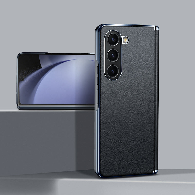 For Samsung Galaxy Z Fold6 5G Case Electroplating PU Leather+PC Phone Cover with Hinge Protection - Black