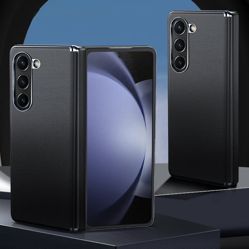 For Samsung Galaxy Z Fold6 5G Case Electroplating PU Leather+PC Phone Cover with Hinge Protection - Black