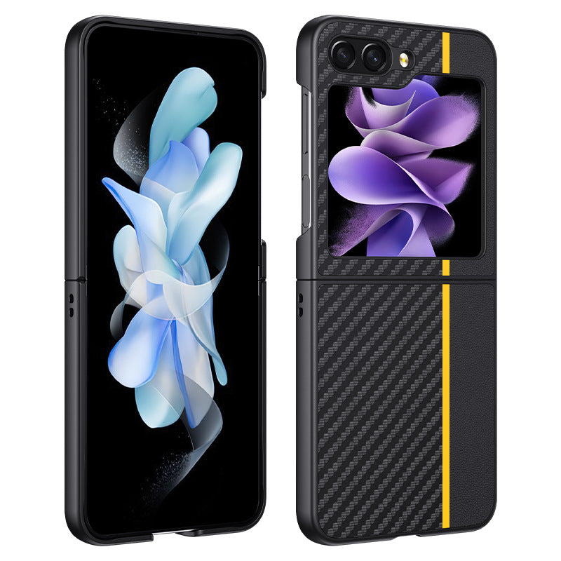 For Samsung Galaxy Z Flip6 5G Case PU Leather + PC Carbon Fiber Texture Phone Cover - Splicing Yellow