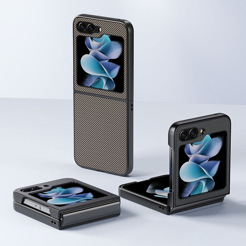 For Samsung Galaxy Z Flip6 5G Case PU Leather + PC Carbon Fiber Texture Phone Cover - Carbon Fiber / Black