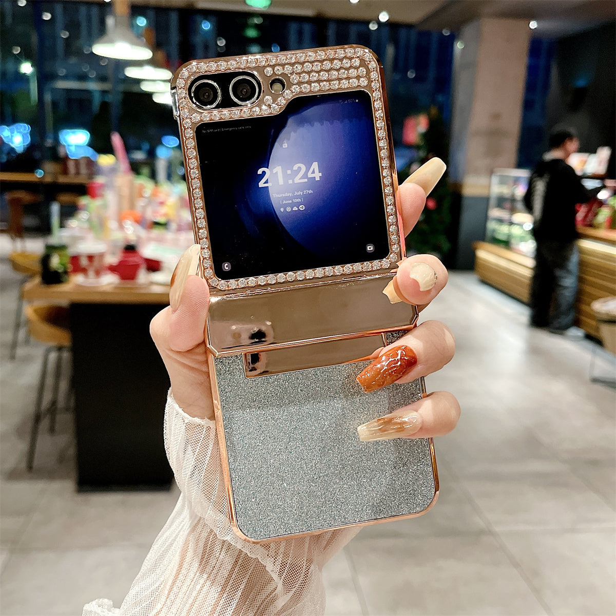 For Samsung Galaxy Z Flip6 5G Case Rhinestones Decor Hard PC Folding Phone Cover - Blue