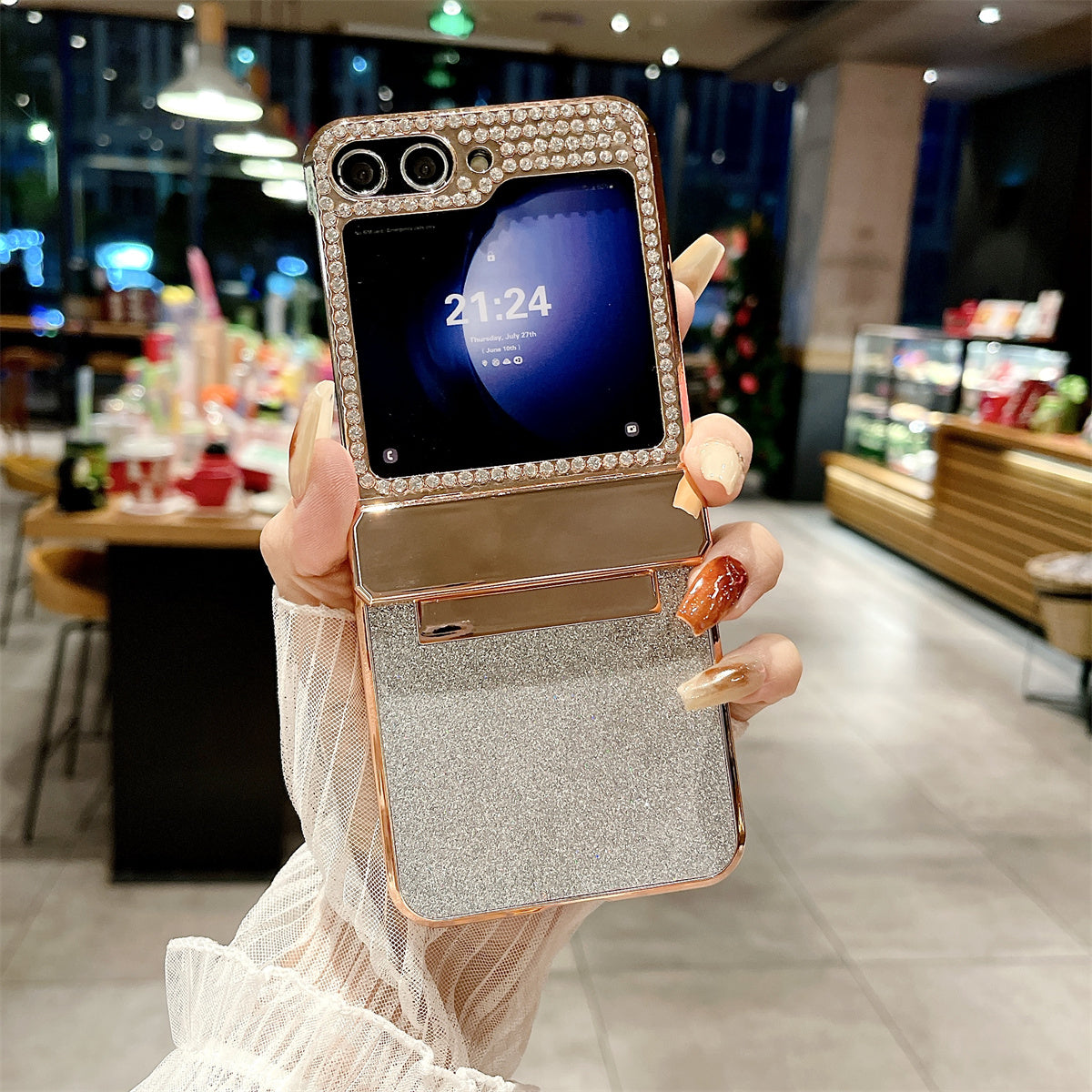 For Samsung Galaxy Z Flip6 5G Case Rhinestones Decor Hard PC Folding Phone Cover - Silver
