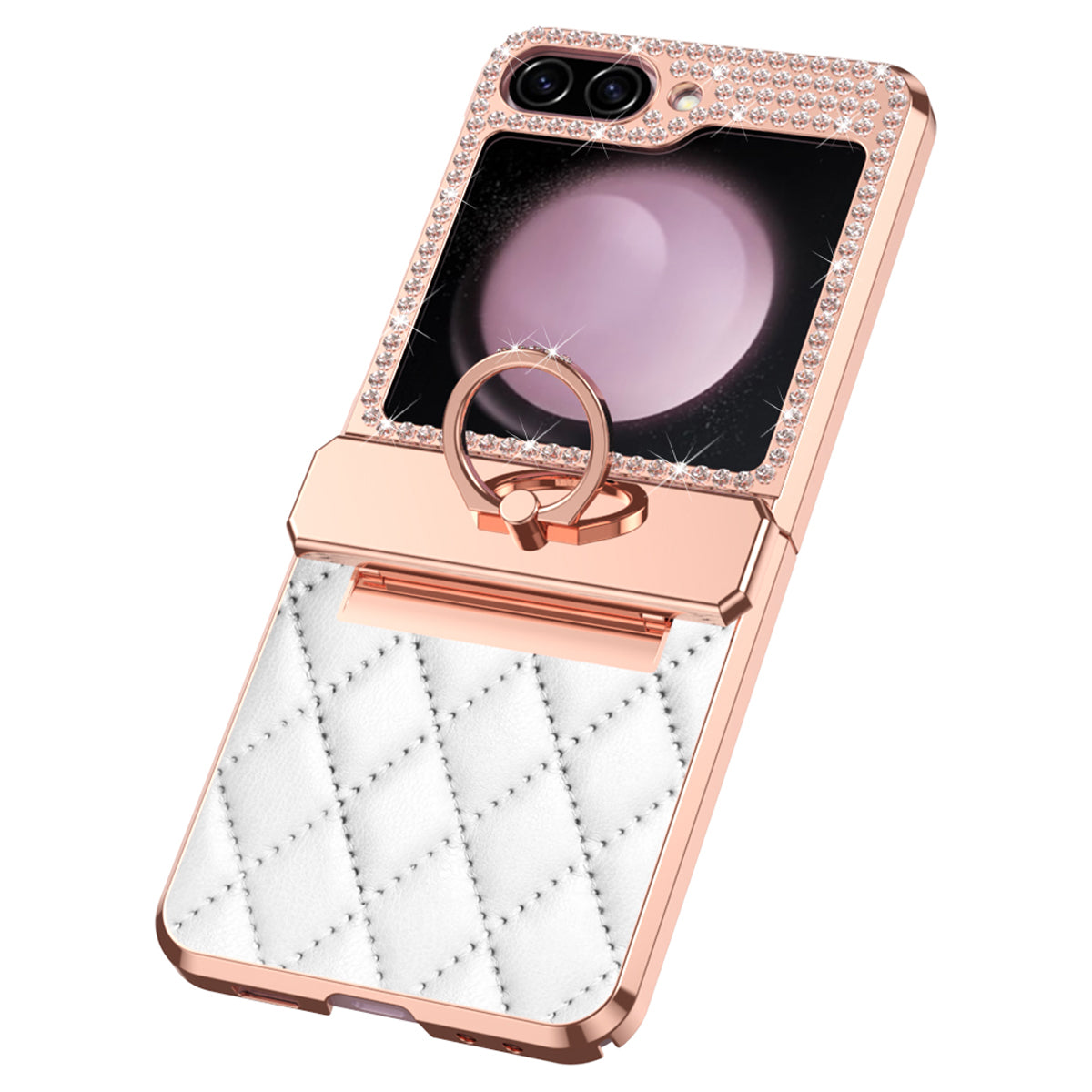 For Samsung Galaxy Z Flip6 5G Case Rhinestone Decor Leather+PC Rhombus Phone Cover - White