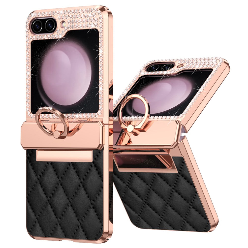 For Samsung Galaxy Z Flip7 FE 5G / Z Flip6 5G / Z Flip5 5G Case Rhinestone Decor Leather+PC Rhombus Phone Cover - Black