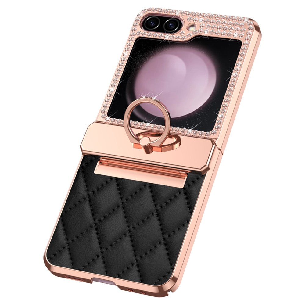For Samsung Galaxy Z Flip7 FE 5G / Z Flip6 5G / Z Flip5 5G Case Rhinestone Decor Leather+PC Rhombus Phone Cover - Black