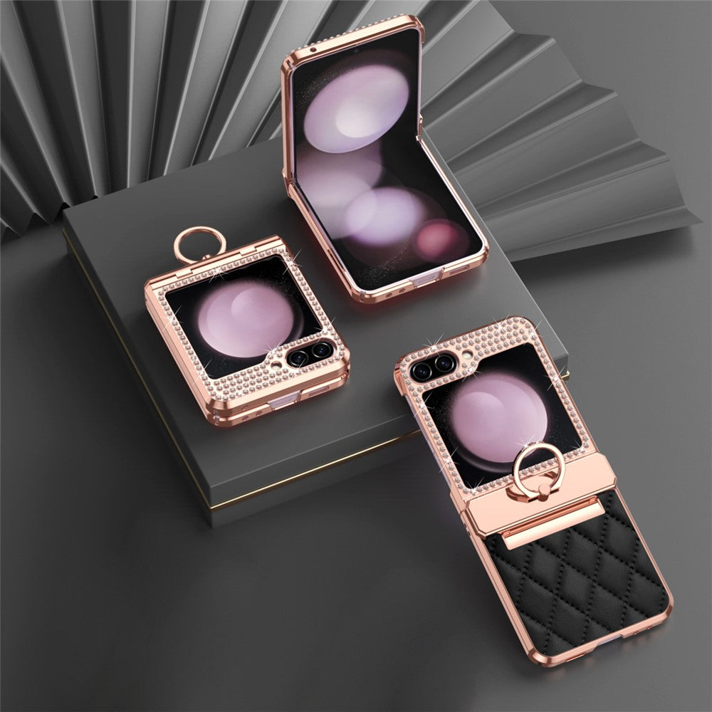 For Samsung Galaxy Z Flip7 FE 5G / Z Flip6 5G / Z Flip5 5G Case Rhinestone Decor Leather+PC Rhombus Phone Cover - Black