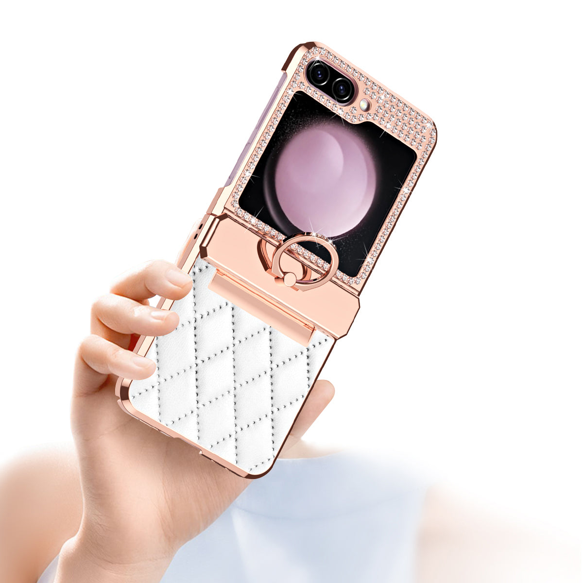 For Samsung Galaxy Z Flip6 5G Case Rhinestone Decor Leather+PC Rhombus Phone Cover - Orange