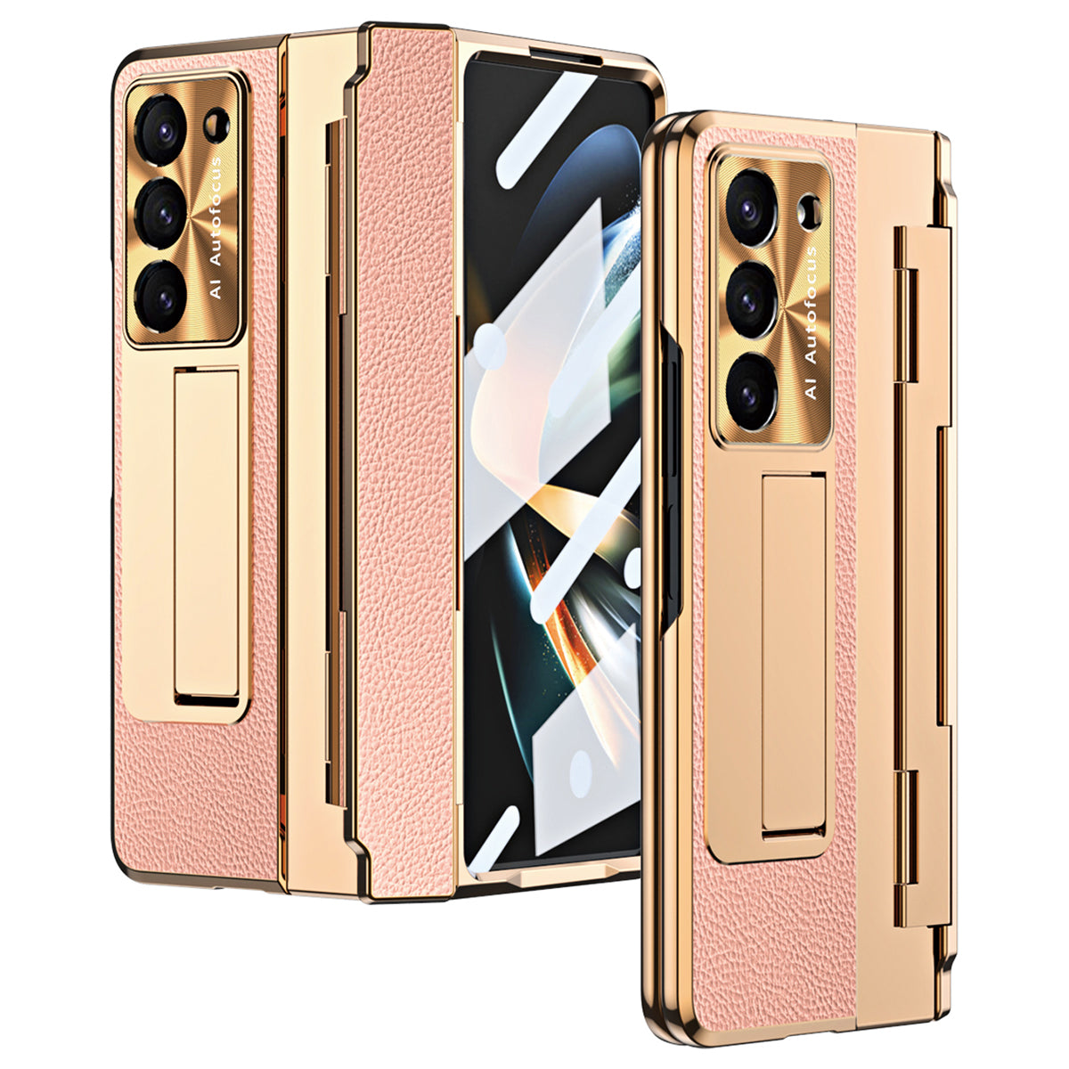 For Samsung Galaxy Z Fold6 5G Case Leather+PC Kickstand Phone Cover with Tempered Glass Film - Gold+Pink