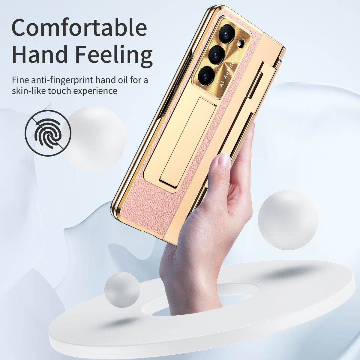 For Samsung Galaxy Z Fold6 5G Case Leather+PC Kickstand Phone Cover with Tempered Glass Film - Gold+Pink
