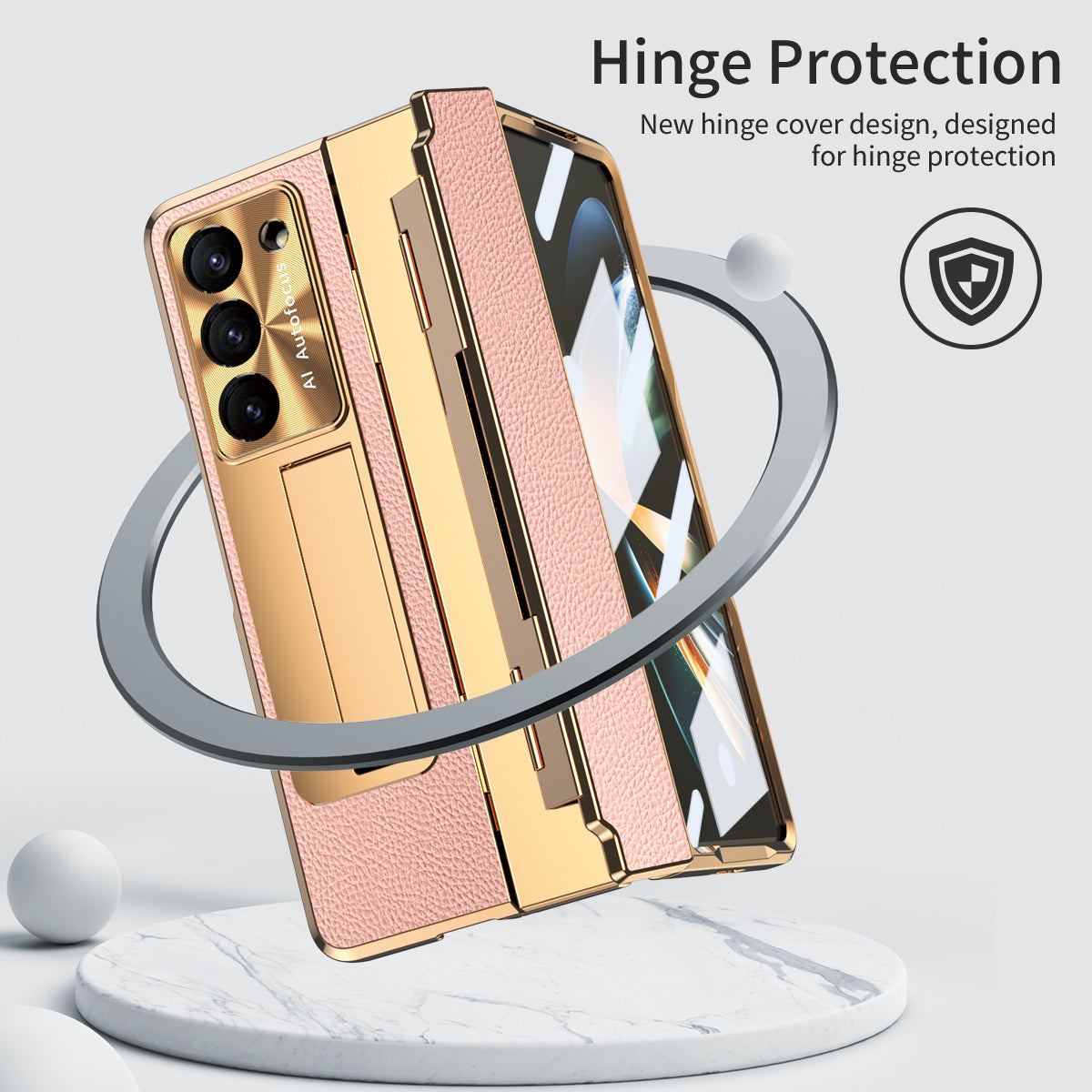 For Samsung Galaxy Z Fold6 5G Case Leather+PC Kickstand Phone Cover with Tempered Glass Film - Gold+Pink