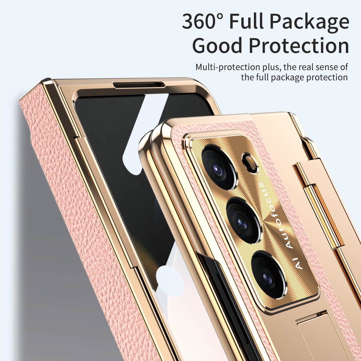 For Samsung Galaxy Z Fold6 5G Case Leather+PC Kickstand Phone Cover with Tempered Glass Film - Gold+Pink