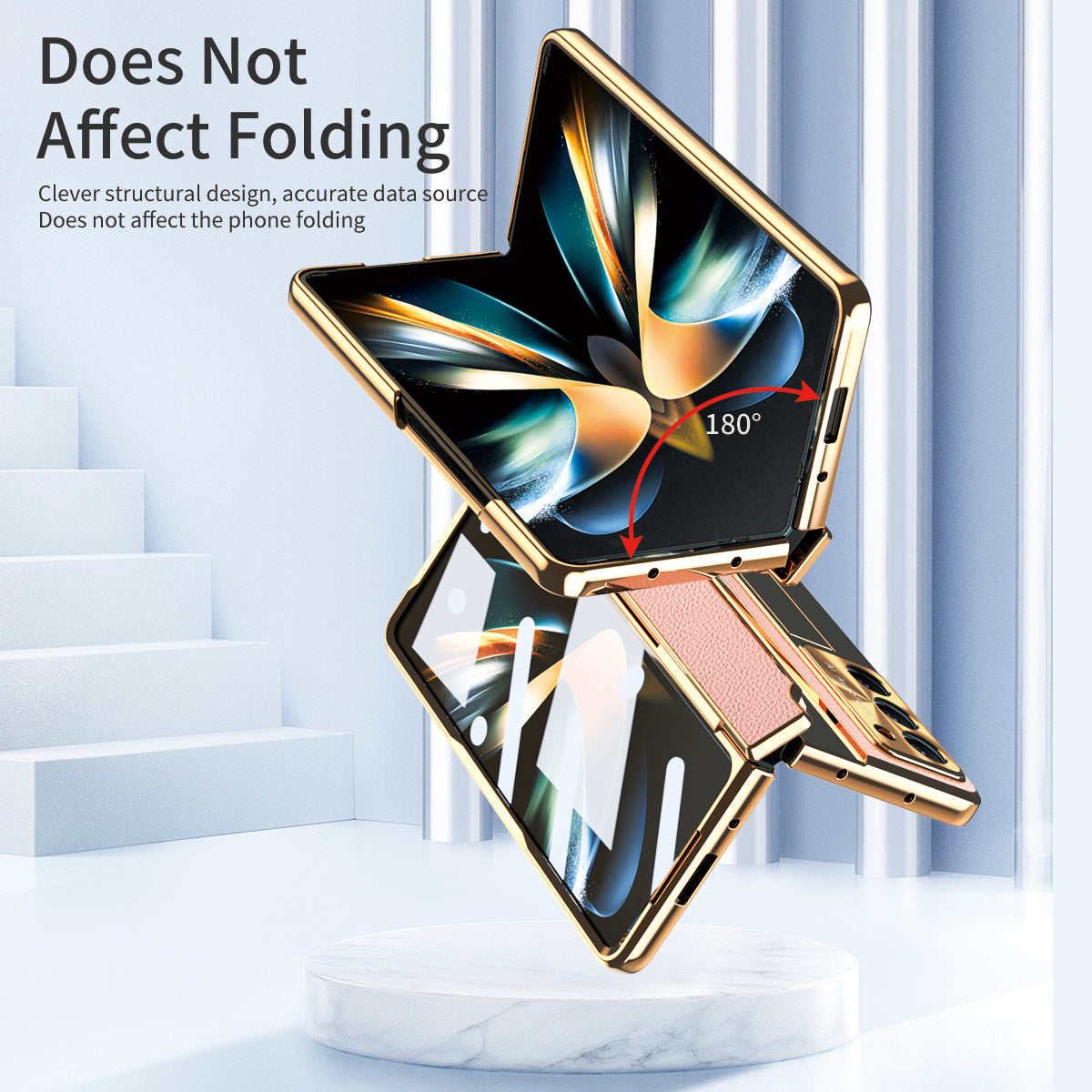 For Samsung Galaxy Z Fold6 5G Case Leather+PC Kickstand Phone Cover with Tempered Glass Film - Gold+Pink