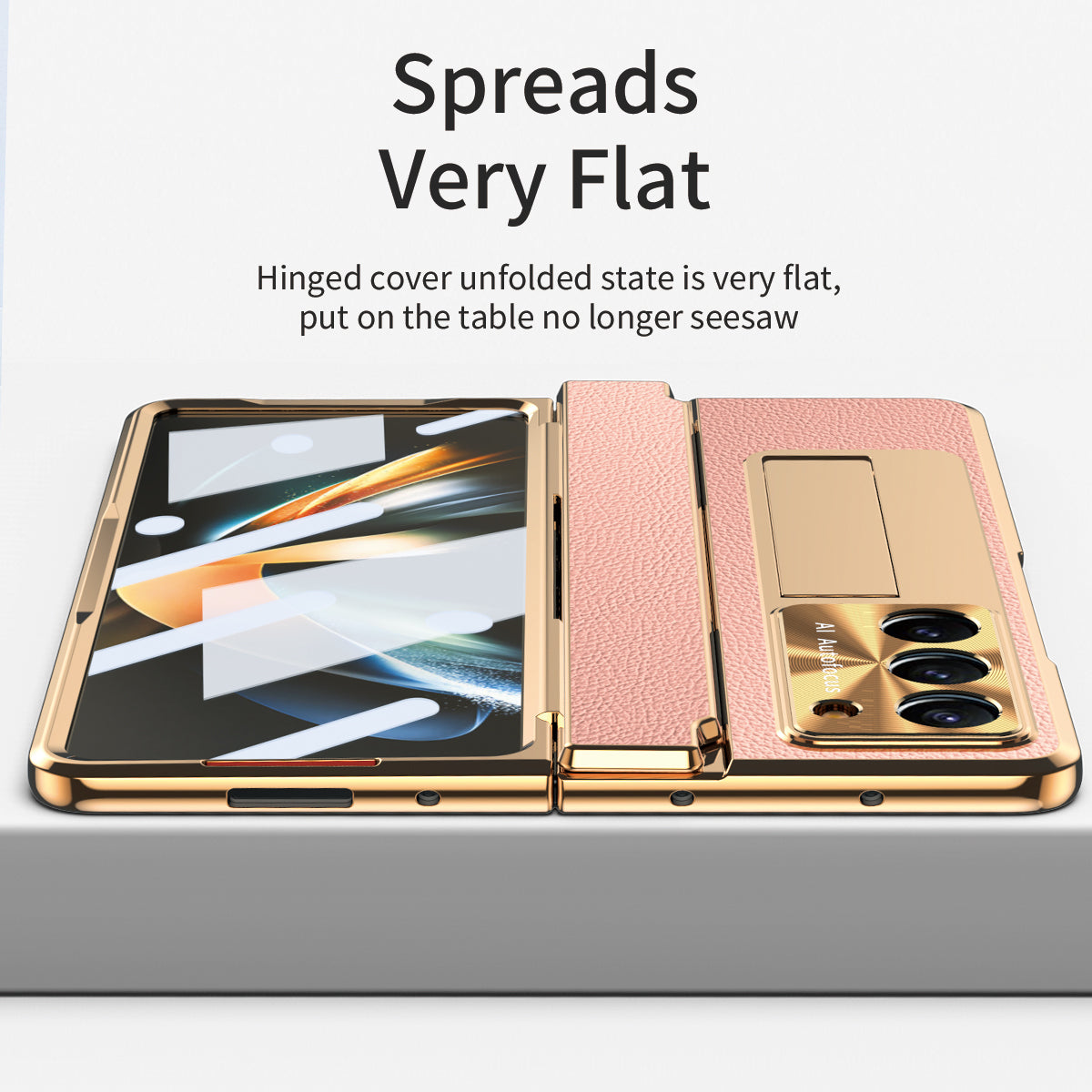 For Samsung Galaxy Z Fold6 5G Case Leather+PC Kickstand Phone Cover with Tempered Glass Film - Gold+Pink