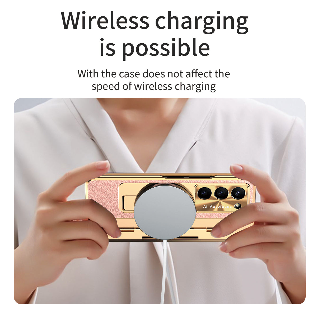 For Samsung Galaxy Z Fold6 5G Case Leather+PC Kickstand Phone Cover with Tempered Glass Film - Gold+Pink