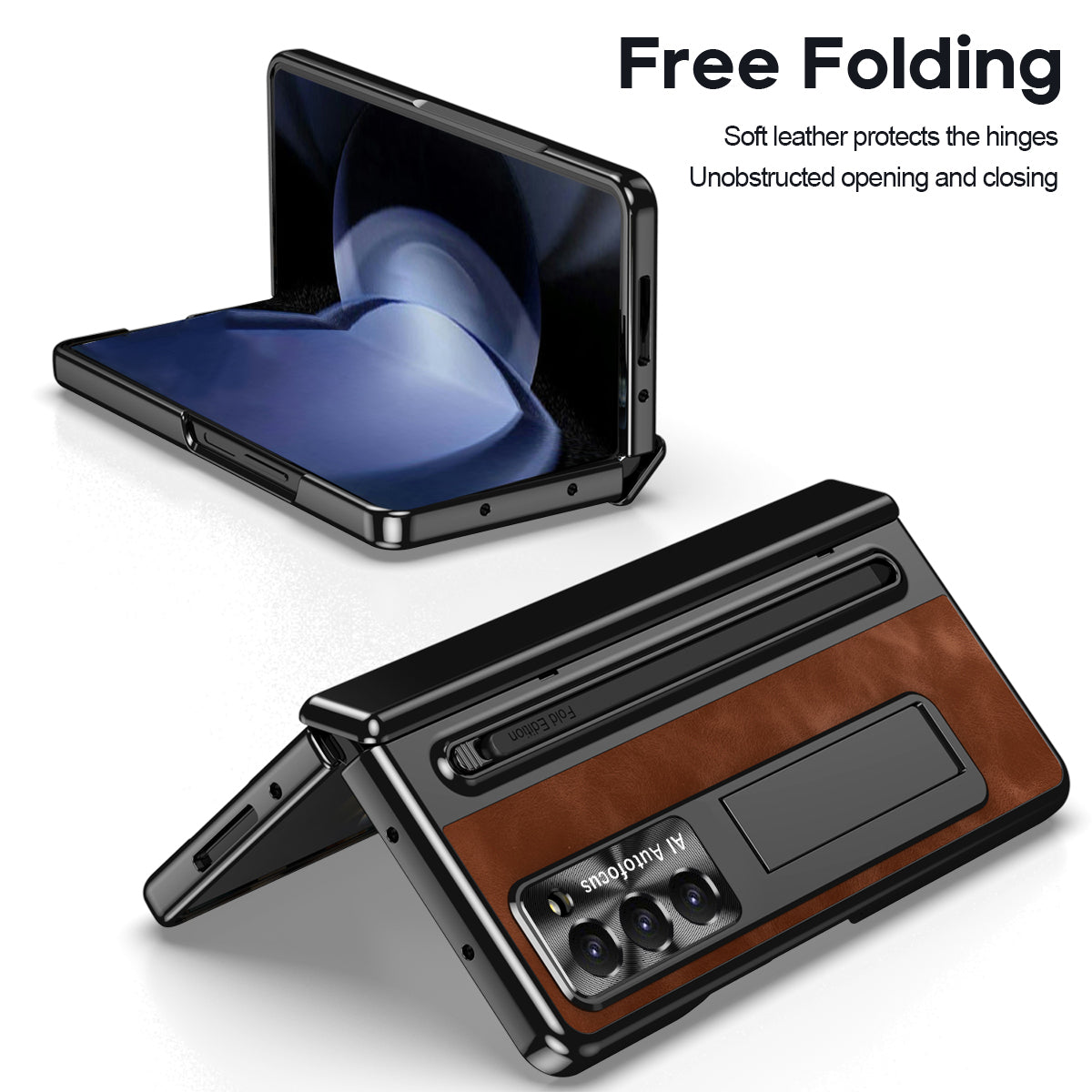 For Samsung Galaxy Z Fold6 5G Kickstand Case Leather+PC Phone Cover with Tempered Glass Film and Stylus - Brown