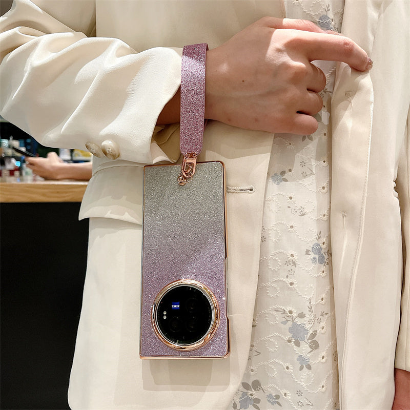 For vivo X Fold3 Case Hard PC Bling Glitter Phone Cover with Wrist Strap - Gradient Purple