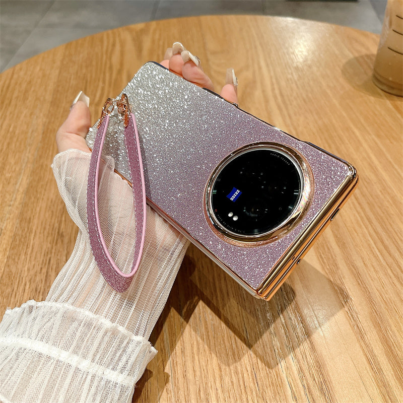 For vivo X Fold3 Case Hard PC Bling Glitter Phone Cover with Wrist Strap - Gradient Purple