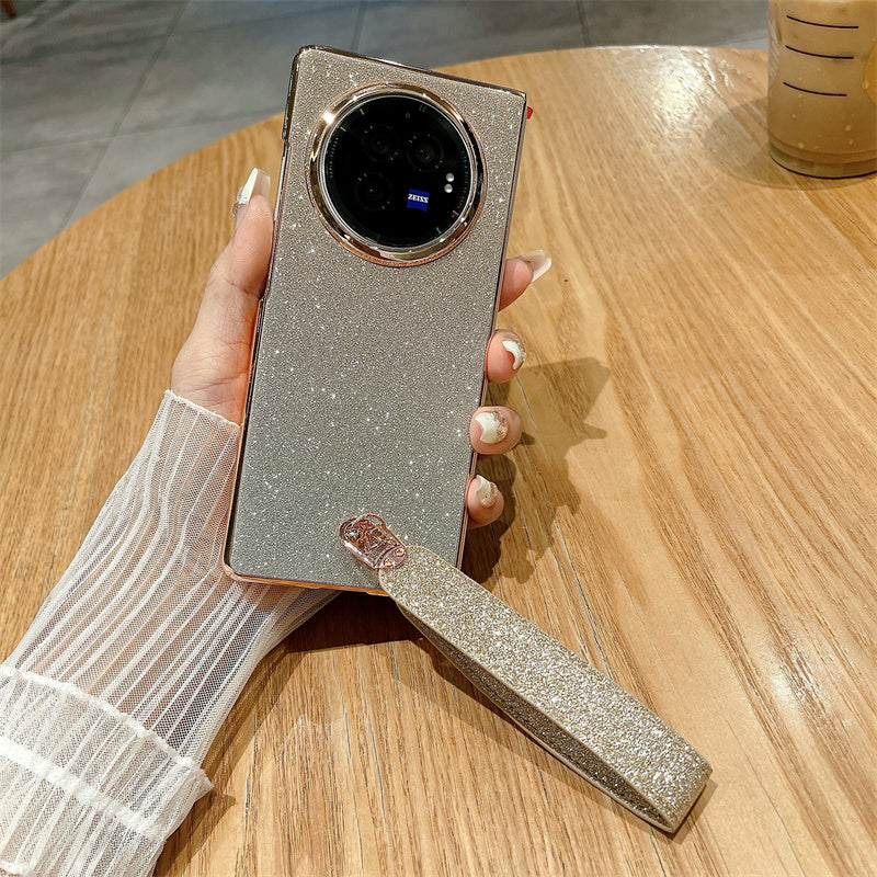 For vivo X Fold3 Case Hard PC Bling Glitter Phone Cover with Wrist Strap - Gradient Gold