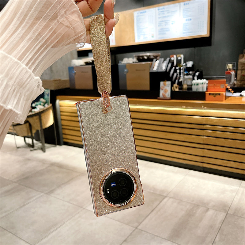 For vivo X Fold3 Case Hard PC Bling Glitter Phone Cover with Wrist Strap - Gradient Gold