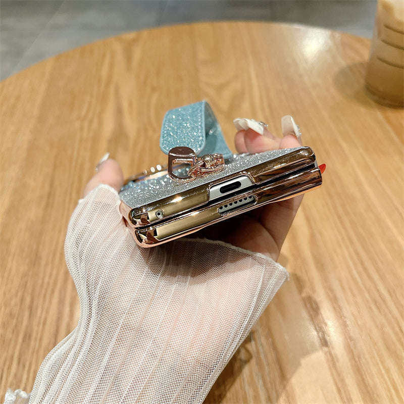 For vivo X Fold3 Case Hard PC Bling Glitter Phone Cover with Wrist Strap - Gradient Gold