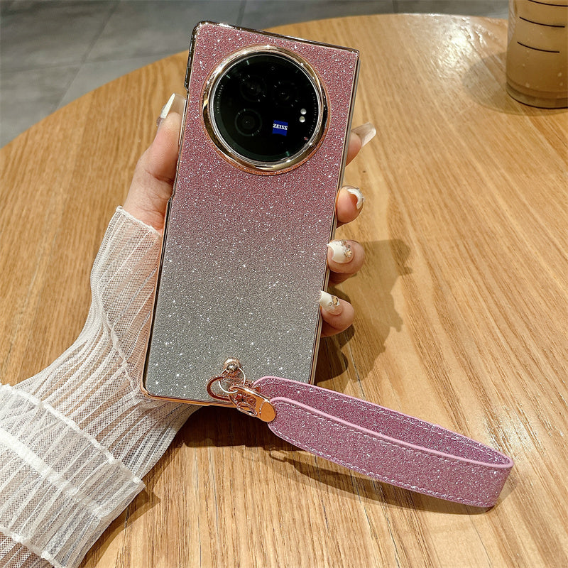 For vivo X Fold3 Case Hard PC Bling Glitter Phone Cover with Wrist Strap - Gradient Pink