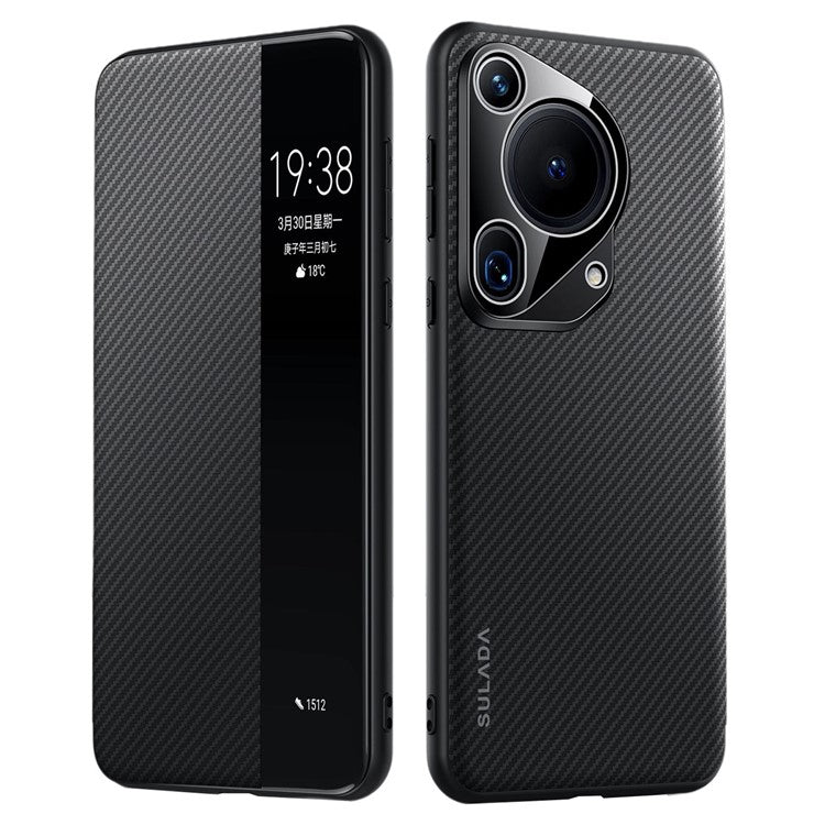 SULADA For Huawei Pura 70 Ultra Case Carbon Fiber Texture Leather Phone Cover Auto Sleep / Wake Up - Black