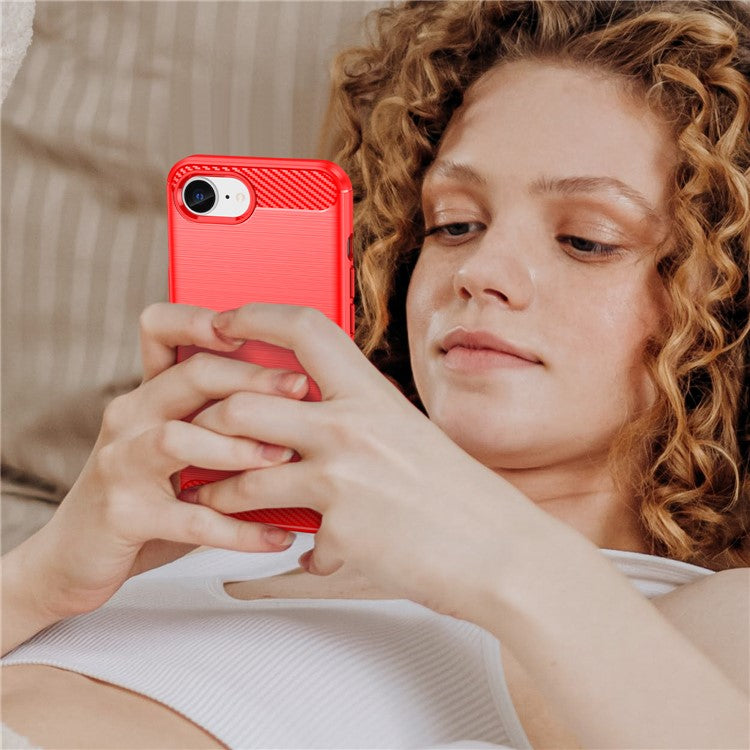 For iPhone 16e Case Carbon Fiber Texture Flexible TPU Brushed Phone Cover - Red