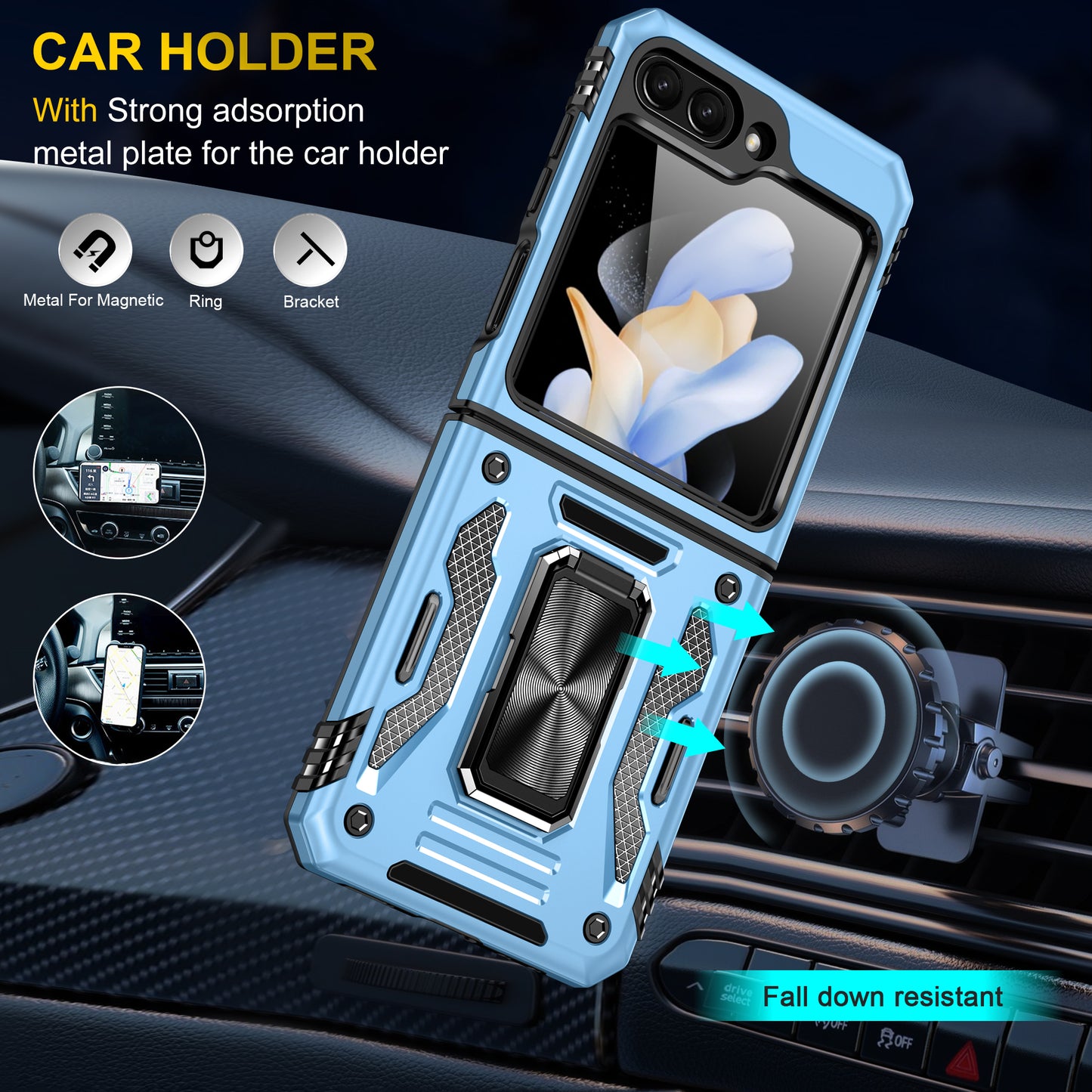 Armor Series For Samsung Galaxy Z Flip6 5G Case Ring Kickstand PC+TPU Phone Cover - Baby Blue