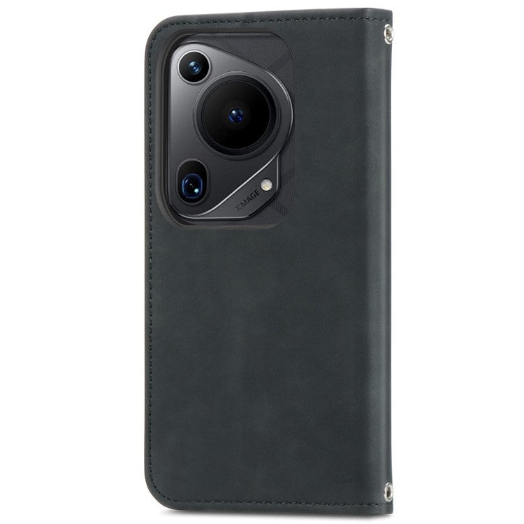 For Huawei Pura 70 Ultra Case Retro Leather Magnetic Closure Shockproof Phone Cover - Black