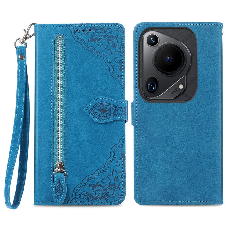For Huawei Pura 70 Ultra Case Stand Zipper Wallet Flower Phone Leather Cover - Blue