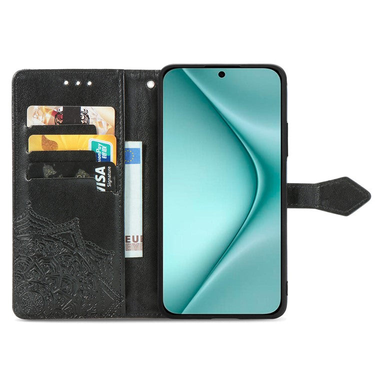 For Huawei Pura 70 Case Mandala Flower Stand Leather Wallet Phone Cover - Black
